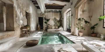 Une Piscinelle dans une maison au charme de l'ancien qui joue d'un délabrement raffiné.