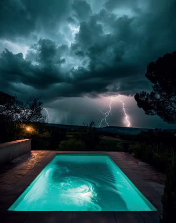 Une Piscinelle rayonnante de design sous les éclairs d'un ciel orageux.