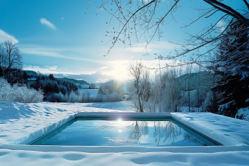 Piscinelle carrée sous la neige et le soleil.